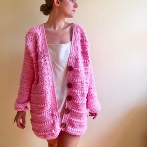 Oversize wool jacket, blush pink handmade wool cardigan, crochet jacket, V-neck crochet cardigan, cardigan with buttons, pink sweater