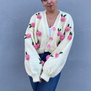 Handmade Rose Knit Cardigan: Oversized Chunky Wool Sweater