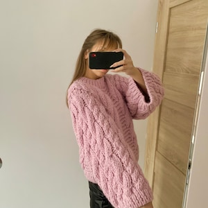 Pink Women’s powder color pullover hand knit women’s wool oversized sweater 100% wool handmade PRE-ORDER