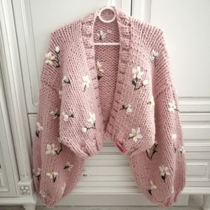 Pink Floral Embroidered Cardigan: Hand-Knitted Wool Blend