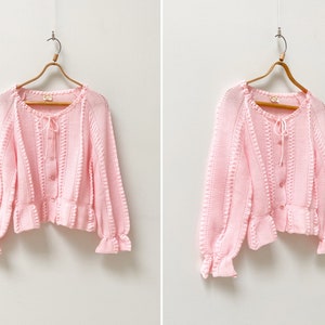 Vintage 90s Pink Knit Cardigan: Peplum Polyacryl Jacket (L)