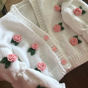 Handmade Chunky Knit Cardigan: White Cropped Sweater with Pink Roses