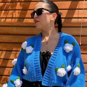 Handmade Wool Knit Cardigan: Rose Appliqué, Oversized Chunky Sweater