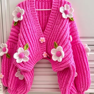 Handmade Pink Daisy Knit Cardigan: Balloon Sleeve Y2k Gift