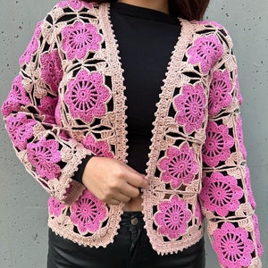 Handmade Crochet Granny Square Cardigan: Pink & Beige Cotton Boho Jacket