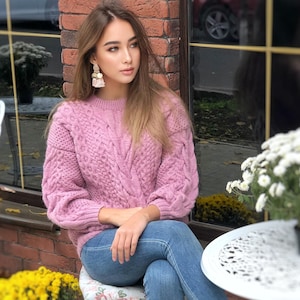 Chunky knit pink Alpaca wool sweater womens Warm merino wool fall pullover Cable knit sweater Loose hand knit holiday sweater