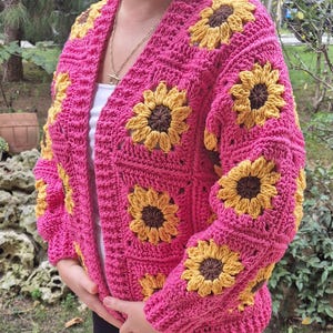 Crochet Sunflower Cardigan:Handmade Pink Knit Layer