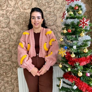 Handmade Wool Knit Cardigan: Banana Applique, Oversized Chunky Sweater