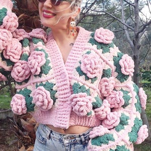 Handmade Crochet Cardigan: Soft Cotton-Acrylic Blend, Pink Rose Design