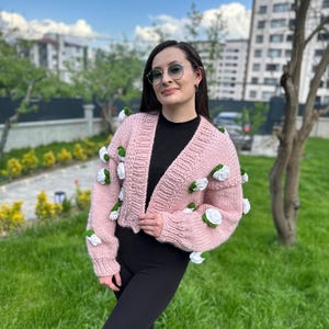 Handmade Rose Embroidered Knit Cardigan: Chunky Pink Wool Blend