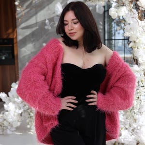 Hand-Knitted Merino Wool Alpaca Cardigan: Elegant Candy Pink Outerwear (L-XL)