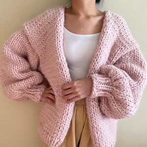 Hand Knit Chunky Wool Cardigan: Soft Pastel Pink Sweater