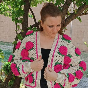 Crochet pink cardigan – handmade crochet knit jacket – vintage style boho cardigan – soft and cozy women's crochet sweater