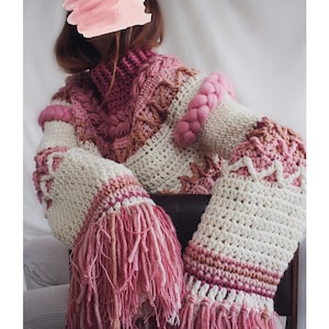 Handmade Chunky Crochet Merino Wool Sweater: Boho Fringe, Pink Details
