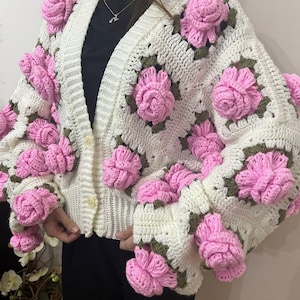 Handmade Crochet Cardigan: Pink Roses Chunky Cropped Cotton Blend
