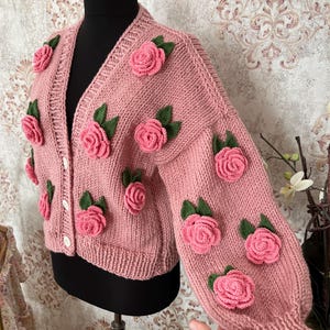 Handmade Wool Blend Cropped Cardigan: Pink Roses Knit Sweater