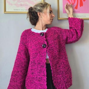 Hot Pink Knit Cardigan: Handmade Wool Blend Chunky Sweater