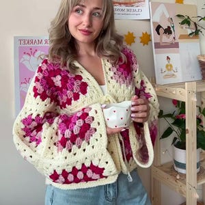 Pink and cream Crochet chunky Cardigan Women | Granny Square Sweater | Cozy Autumn Winter Wear
