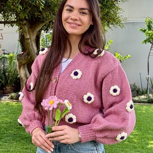 Handmade Pink Crochet Daisy Cardigan - Cottagecore Knitwear,Unique Christmas Gift
