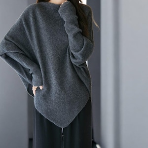 Asymmetrical Merino Wool Knit Sweater: Batwing Sleeve Minimalist Pullover