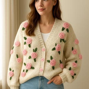 Chunky Knit Rose Cardigan, Loose Fit Floral Sweater, Handmade Oversized Knit Jacket, Cozy Pink Flower Cardigan for Women